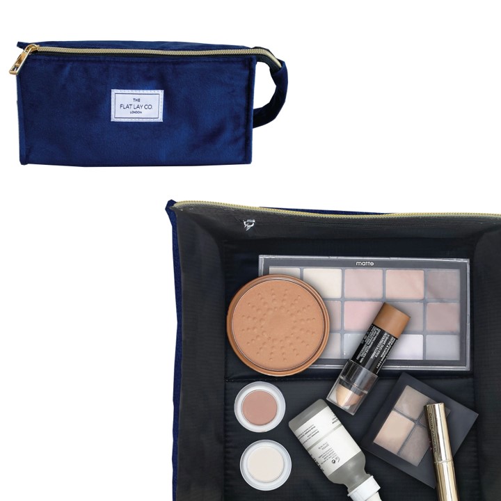 The Flat Lay Co. Blue Velvet Open Flat Makeup Box Bag - The Beauty Kit